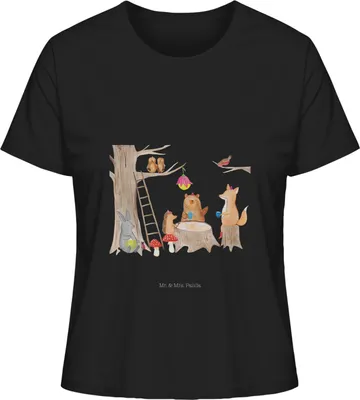 Produktbild von Mr. & Mrs. Panda Basic Shirt Damen Waldtiere Picknick Größe M - Schwarz - Geschenk, Oberteil, Eichhörnchen, Kurzarmshirt, Gute Laune, Fuchs, Baumwoll T-Shirt, Maus, Hase