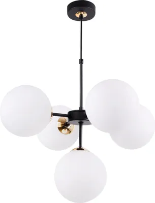 Produktbild von Hängelampe aus schwarzem Metall, 5 kugelförmige Schirme aus opalem Glas, 15 cm, mit goldener Oberfläche, Fassung E14.