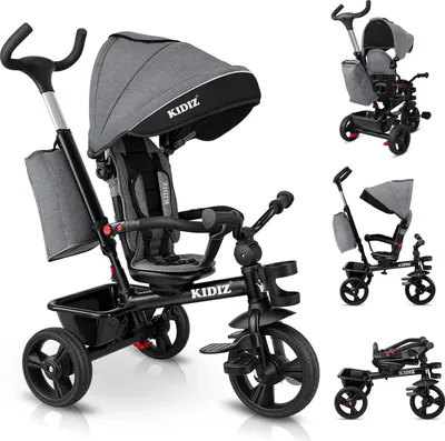 Produktbild von KIDIZ® Dreirad 5in1 Kinderdreirad mit Schubstange Lenksystem Stange ab 1 Jahr vorwärts und Rückwärtsfahrt Jogger ,  Korb Tasche Getränkehalter Sonnendach Gummiräder, Buggy Fahrrad Baby Klappbar