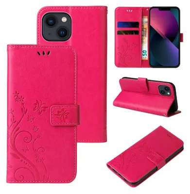 A collage of images showing a pink floral butterfly patterned iPhone 13 flip case from different angles.