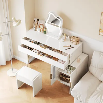 Image de MODFU Coiffeuse Moderne avec Miroir Lumineux Extensible - Table de Maquillage avec 2 Tiroirs - Meuble Compact pour Chambre - Blanc