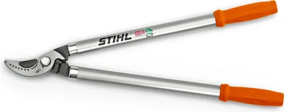 A pair of Stihl bypass loppers with orange handles on a white background.