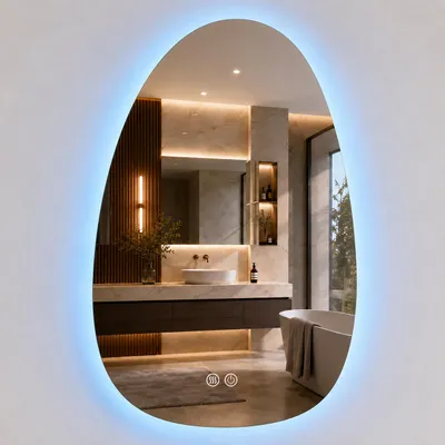 Immagine prodotto di Relaxdays, specchio da bagno ad arco, 80x52 cm, specchio LED con intensità regolabile, 3 modalità di illuminazione, antiappannamento, grado di protezione IP44, specchio per il bagno, vetro, Immagine generata dall'IA