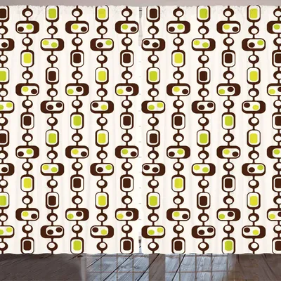 Zdjęcie produktu dla ARANDE Geometryczna zasłona, oldschoolowy wzór w kółka i prostokąty, 280 x 245 cm, brązowo-zielony