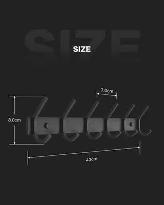 Zdjęcie produktu dla Ibenzoa® Wandgarderoba – 6 podwójnych haczyków ze stali nierdzewnej 304, czarny, matowy, 43 cm, odstęp między haczykami ok. 7 cm, maksymalne obciążenie do 30 kg