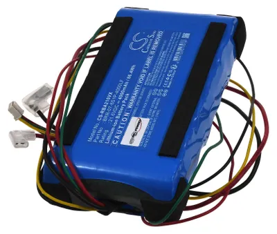 A blue lithium-ion battery pack with wires and connectors.