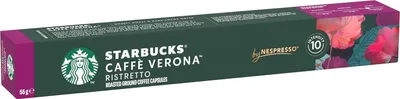 A box of Starbucks Caffe Verona Ristretto Nespresso coffee capsules.