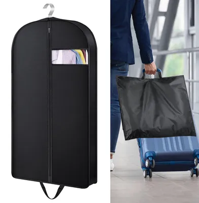 Produktbild von Schwarzer Kleidersack, Kleidersack mit Reißverschluss, staubdichter Kleidersack mit Sichtfenster, Reisekleidersack, faltbarer Kleidersack, für Mäntel, Anzüge, Abendkleider (102 x 60 x 10 cm)