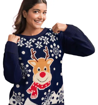 Zdjęcie produktu dla Sweter zimowy damski - renifer, wełniany sweter, bluza, "brzydki" sweter, kolor niebieski, rozmiar XL