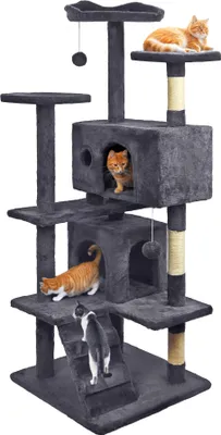 A multi-level cat tree with several platforms, perches, and enclosed spaces, featuring multiple cats interacting with the structure.