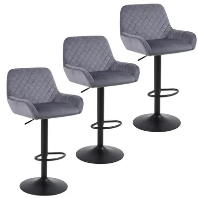 Immagine prodotto di Set di 3 sgabelli da bar, regolabili in altezza, girevoli, rivestiti in velluto, con schienale e braccioli, colore grigio