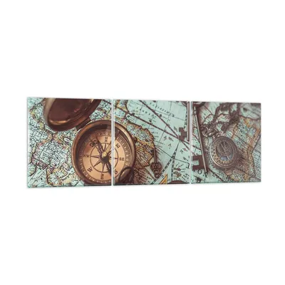 Produktbild von Bilder auf glas - 3 Teile - Kompass Vintage Karte - 150x50cm - Glasbilder - Wandbilder - Bilder - zum Aufhängen bereit - Wanddekoration aus Glas - Glas Bilder - Wandbild auf Glas - GCA150x50-4302