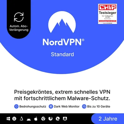 Produktbild von NordVPN Standard VPN + Cybersecurity | 10 Geräte | 2 Jahre | Vollversion | Download-Version