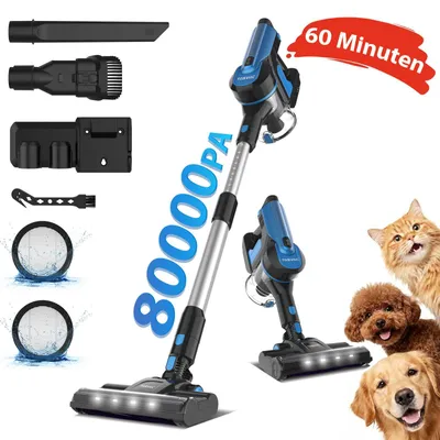 Produktbild von Akku Staubsauger 80000Pa/60Min/1,7 L Staubsauger Kabellos mit Beutel, 50dB leise/5-Stufen-Filter/LED Display, Ideal für Böden/Teppiche/Auto
