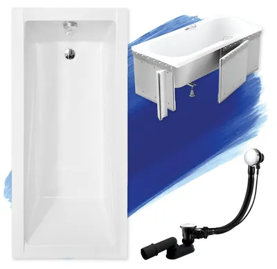 Image de Baignoire rectangulaire 140x70 avec revêtement en polystyrène, vidage & pieds S | Set complet 4in1 baignoire originale acrylique siphon | BADLAND MODERNE