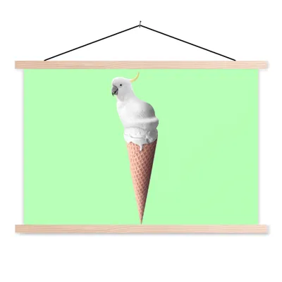 Produktbild von MuchoWow® Textilposter Papagei - Eistüten - Eiscreme - Weiß - Grün 120x80 cm mit holzfarbenen Rahmen - Aufhängeset