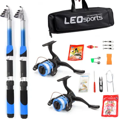 A collection of fishing equipment laid out on a white background.