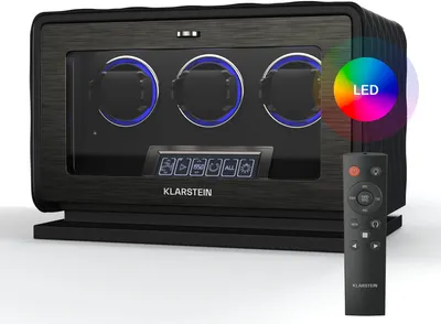 Produktbild von Klarstein LuminousTime Uhrenbeweger für 3 Uhren – Automatik-Uhrenbeweger mit Flüsterleisem Japanischem Motor, LCD-Touchpanel & Fernbedienung, 20 TPD-Einstellungen, RGB & LED-Beleuchtung,