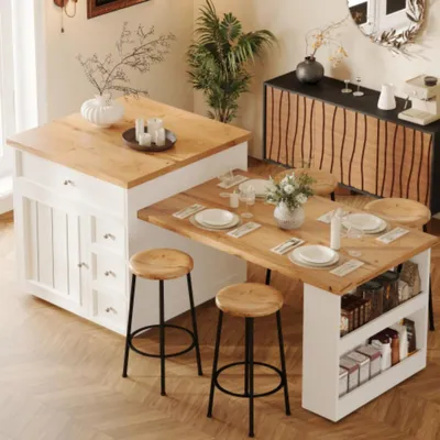 Produktbild von Ausziehbare Kücheninsel (120-184 cm) mit Schubladen und Rollen, Fahrbare Kücheninsel mit Tischplatte, Vielseitige Thekeninsel für Küche, Esszimmer