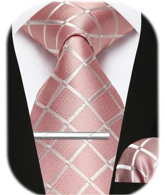 Immagine prodotto di Set da uomo composto da cravatta, fazzoletto da taschino e fermacravatta, motivo Paisley a quadri, colore rosa, taglia unica