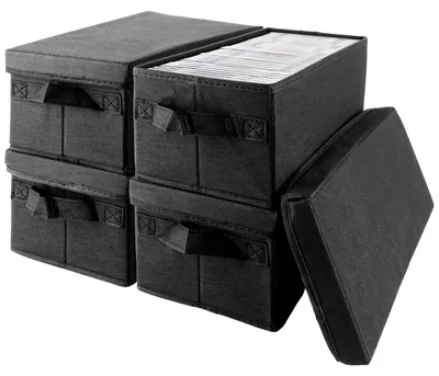 Productafbeelding van CD-opbergdoos - 4 stuks - Voor 36 CD's/DVD's - Wasbare doos - Stofdichte deksel - Zwart - Opslagsysteem met handvat