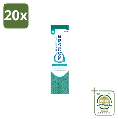 Imagen del producto de 20 tubos de pasta dental Sensodyne Proglasur Fresh & Clean, 75 ml cada uno, pack de suministro, 20 unidades