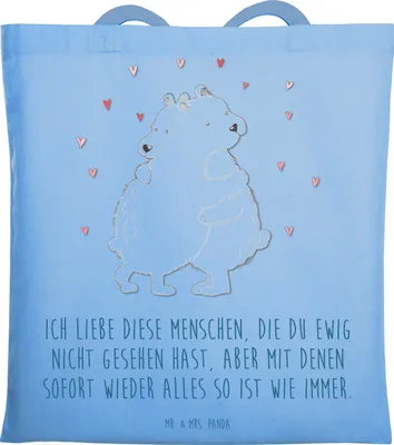 Produktbild von Mr. & Mrs. Panda Jutebeutel Eisbär Umarmen - Sky Blue - Geschenk, Lustige Sprüche, Tasche, Schultasche, Einkaufstüte, Tote Bag, Laptoptasche, Einkaufstasche