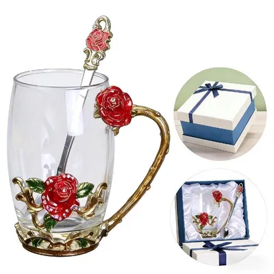 Produktbild von Teeglas Teetasse aus Glas Teetasse Kaffeetassen mit Blumengriff und Löffel as ideale Geschenk für Familie und Freunde.
