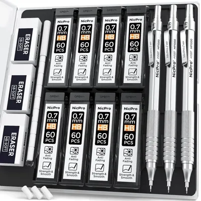 Produktbild von Druckbleistifte Set 3 Stück 0,7 mm Metall Mechanisch mit Etui HB Minen Radiergummis Silber