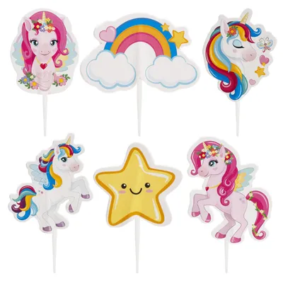 Produktbild von Dekora Unicorn Einhorn Kuchenpicker für Cupcakes und Muffin 30 Stück mit 6 verschiedenen Motiven