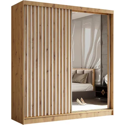 Image de BEAUTYSOFA Armoire moderne à barreaux et tiroirs HELIX 200 cm - Armoire, penderie avec portes coulissantes et miroir (Artisan + blanc)