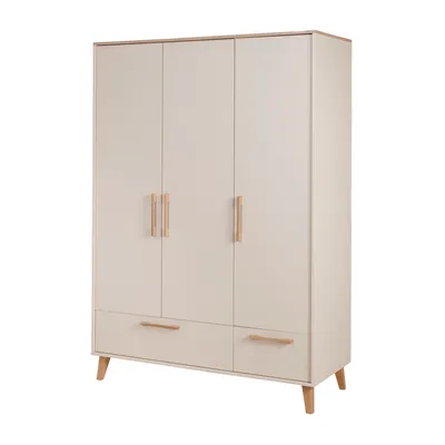 Produktbild von roba Kinderkleiderschrank Jil - 3-türig mit 2 Schubladen - Soft-Close & Metallkleiderstange - Griffe & Füße aus Massivholz - Cashmere / Chestnut