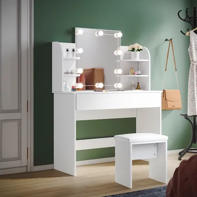 Immagine prodotto di SONNI tavolino da toilette bianco con sgabello e illuminazione, con sgabello, luminosità regolabile 108x40x140cm