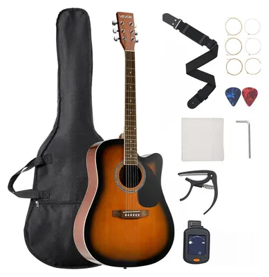 Image de Guitare acoustique VEVOR 41 pouces, 6 cordes, table en épicéa massif Sunburst, ensemble pour débutants avec housse, accordeur, sangle, cordes en acier, médiators, capodastre, touche en palissandre, pour jazz solo fingerstyle