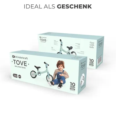 Two boxes of Kinderkraft TOVE balance bikes are shown, one in front of the other. The front box features a child sitting next to a balance bike. The background is white.