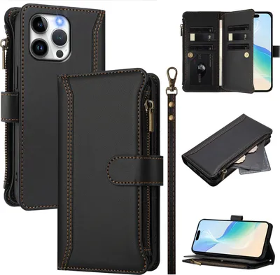 Image de Etui pour iPhone 14 Pro Max, étui portefeuille zippé en cuirPolyuréthaneavec pochettes pour cartes, support et dragonne noir