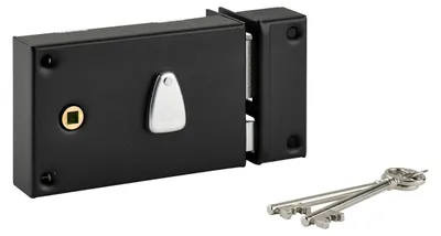 Obrázek produktu pro Vodorovný zámek pro povrchovou montáž s tumbler klíčem pro brány, pravý, hřídel 56 mm, 140x82 mm, černý, 2 klíče - THIRARD