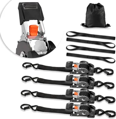 Produktbild von SucceBuy Automatische Spanngurte, 25,4 x 3048 mm, mit S-Haken, 544 kg Belastbarkeit, 4 weiche Schlaufen, Ratschenmechanismus für Transporte, Anhänger, Motorräder, Kajaks, Autodächer, 4er-Set