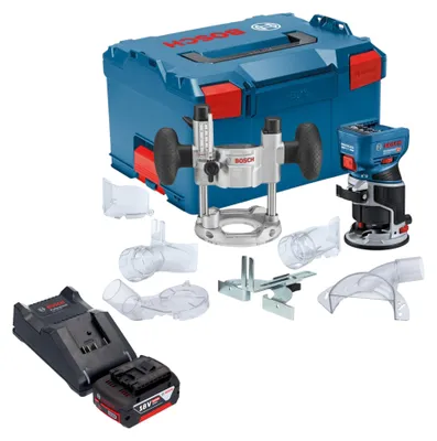 Produktbild von Bosch GKF 18V-8 Professional Akku Kantenfräse 18 V 8,0 mm Brushless + 1x Akku 5,0 Ah + Ladegerät + Taucheinheit + L-Boxx