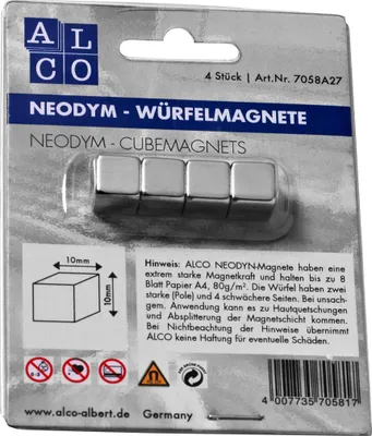 Produktbild von Würfelmagnet Neodym aus Neodym (Nd) 10x10x10mm silber VE=10x4 Stück