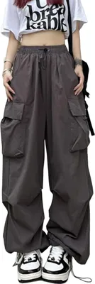 Produktbild von ASKSA Damen Cargohose Baggy Weites Bein Hose Y2K Track Pants Vintage Hohe Taille Freizeithose mit Taschen, Grau, L