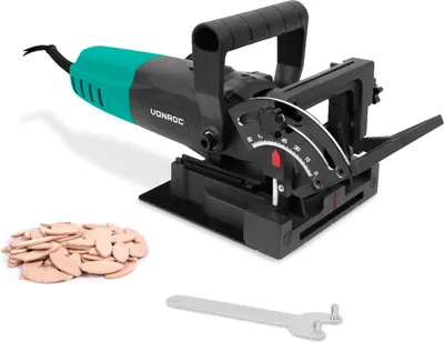 A woodworking tool and its accessories are displayed on a white background.
