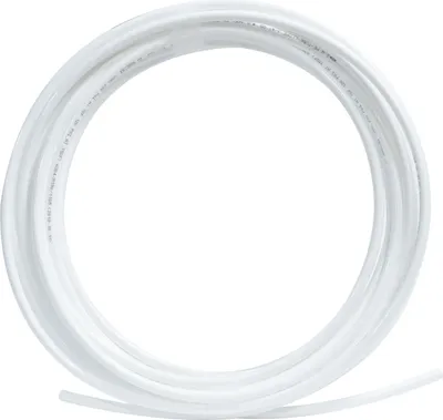 A coiled white tube on a white background.