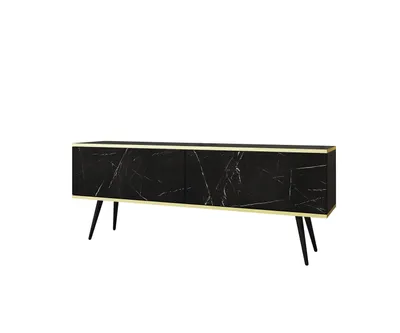 Zdjęcie produktu dla Szafka RTV Nowoczesna Mała Komoda RTV Glamour Marmur Black Royal Mat Nogi złote 135 cm