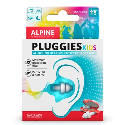 The image shows the packaging of Alpine Pluggies Kids earplugs, featuring a graphic of an ear with an earplug inserted and illustrations of children playing.