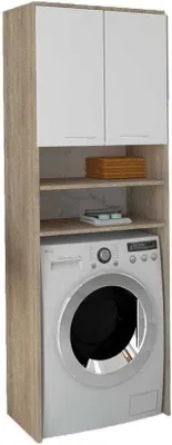 Produktbild von GERMAN Badezimmerschrank, Sonoma Laminat 16mm, Hochschrank über Waschmaschine mit zwei offenen Regalen und zwei Türen, hinten verstärkt, Maße: B 64cm x H 180cm x T 30cm, für Bad, Küche und Garderobe