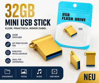 Produktbild von 32GB Mini USB Stick Flash Laufwerk Drive klein gold mit Öse, KI-generiertes Bild