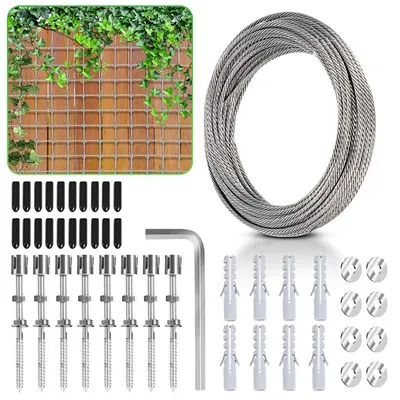 Image de Kit de treillis en câble métallique Izrielar en acier inoxydable, 12 m x 3 mm – Système de treillis pour plantes grimpantes pour le jardin, avec pinces en croix et chevilles