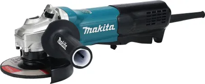 A studio shot of a Makita angle grinder against a white background.