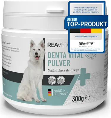 Produktbild von REAVET Denta Vital Zahnpflege Pulver für Hund & Katze 300g - Natürlicher Zahnsteinentferner, Effektive Zahnreinigung ohne Zahnbürste, Mittel gegen Zahnstein und Maulgeruch beim Hund